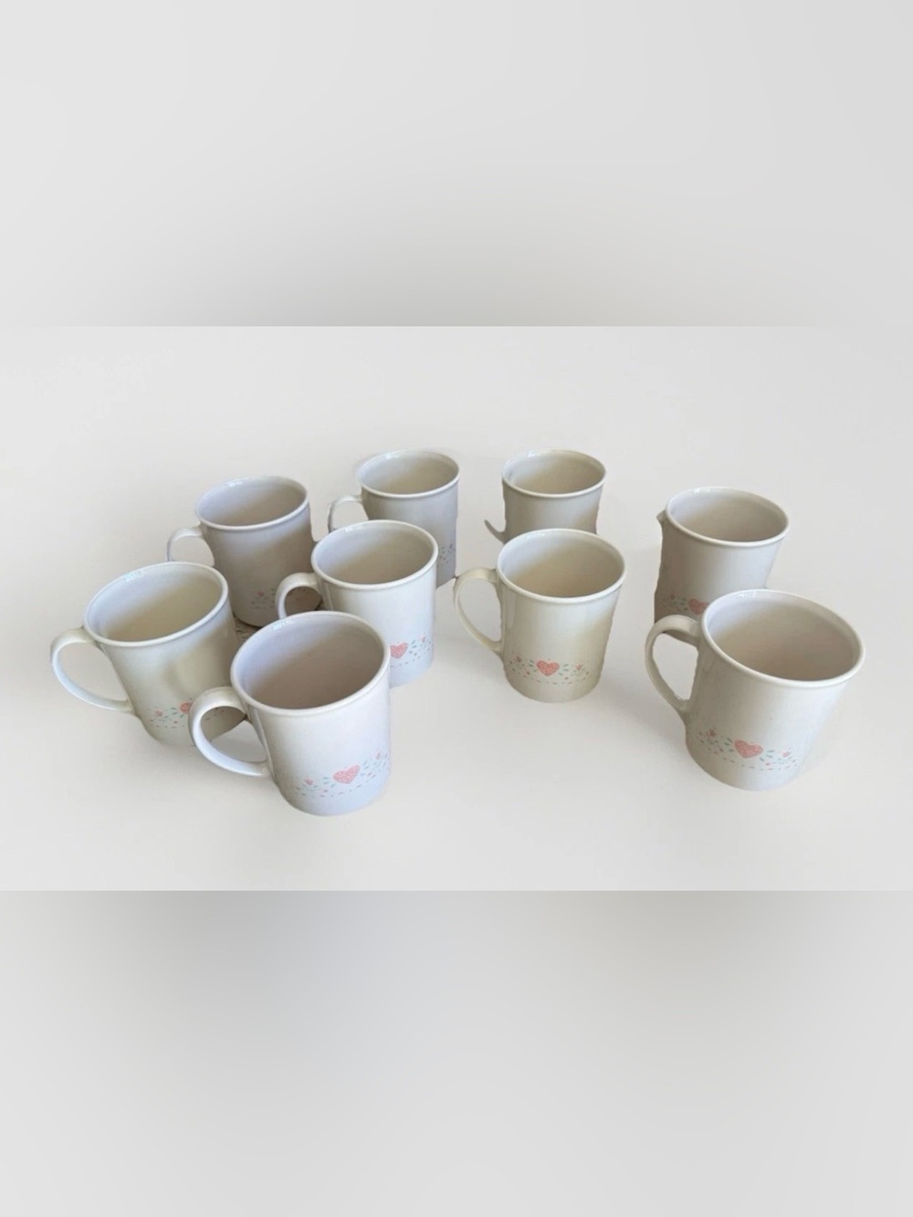 Corelle White Mugs with Pink Heart Accent - Set of 9